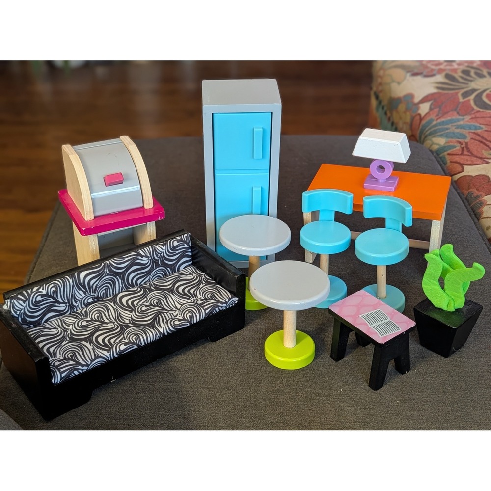 Wooden Dollhouse Furniture 11 Pc Miniature Accessories Replacement Pretend Play